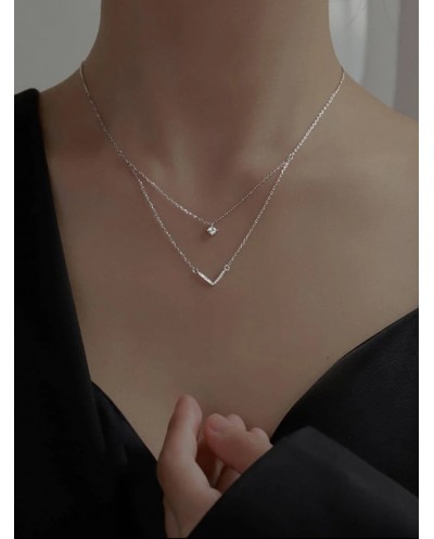 Collier 2 Rangs Forme V et Bijou Cubique en Acier Inoxydable - Argent