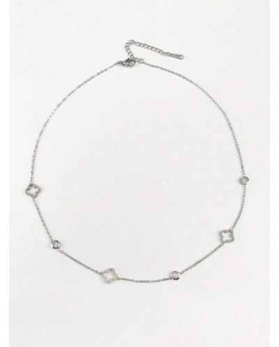 Collier Chaîne Fine avec Trèfle à Quatre Feuilles et Zircone Rond en Acier de Titane - Argent