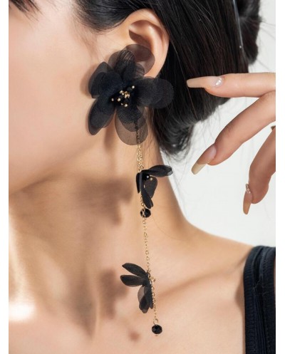 Boucles d'Oreille Pendantes à Fleurs en Acier Inoxydable - Noir