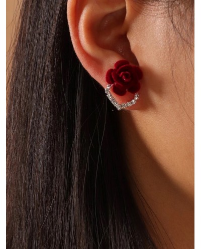 Boucles d'Oreille Romantique Rose Rouge et Strass