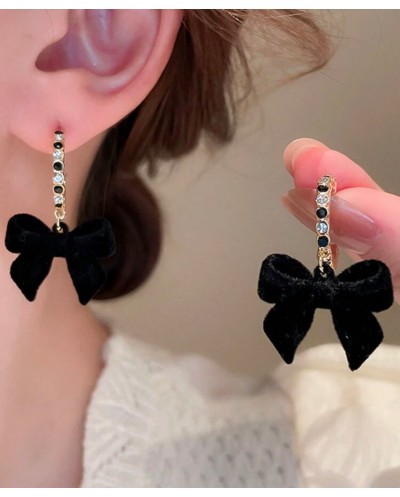 Boucles d'Oreille Anneau Strass & Noeud Noir - Or