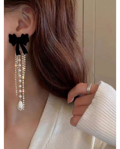 Boucles d'Oreille Pendante Strass & Perles Noeud Noir