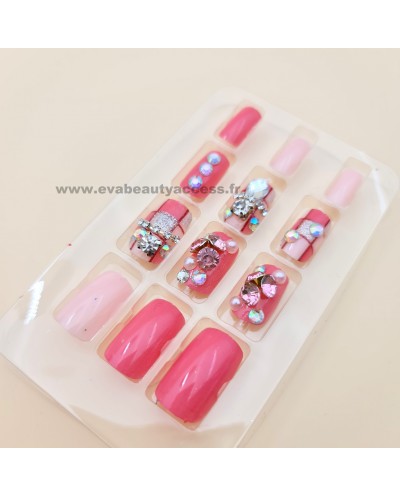 Faux Ongles Fantaisie Deco 3D Strass - ROSE - WYNIE