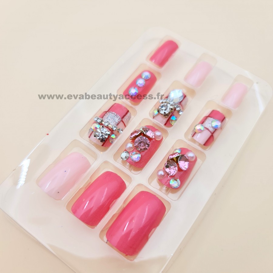 Faux Ongles Fantaisie Deco 3D Strass - ROSE - WYNIE